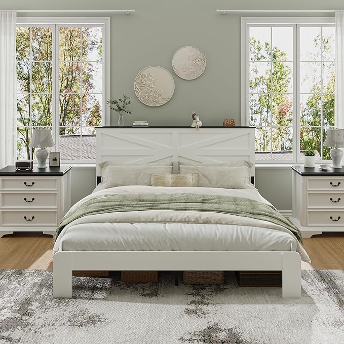 King Size Farmhouse Wooden Bed Frame with Headboard, Boho Platform Bedframe Sturdy Metal Slats Support, Spring Needed, Noisy Free, Easy Assembly (King, White)