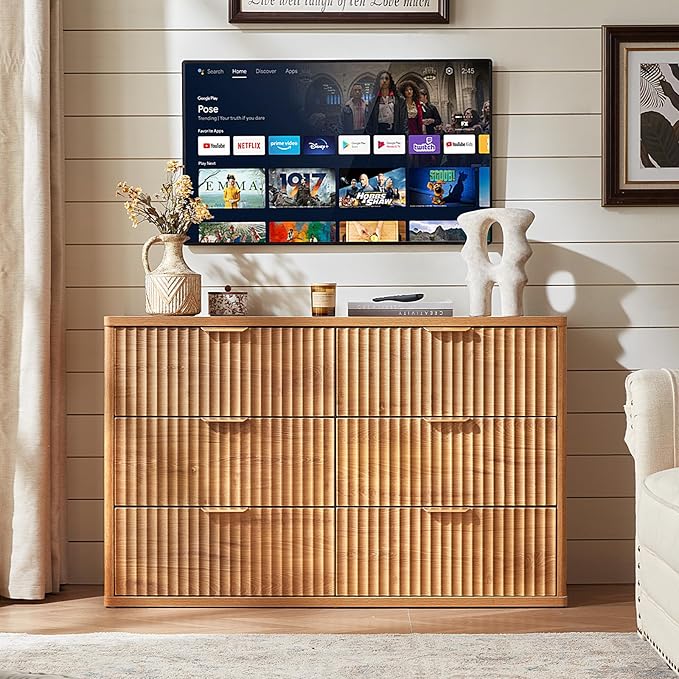 LEYAOYAO Fluted 6 Drawers Dresser Set of 2, 48" Wide Modern Chest of Drawers with Metal Handle, Brown Curved Profile Dresser TV Stand, Wooden Drawer Organizer for Bedroom, Living Room, Hallway