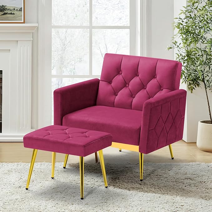 Velvet Accent Chair w/Adjustable Armrests and Backrests, Tufted Single Sofa with Ottoman, Upholstered Reading Chiar for Living Room, Apartment, Bedroom, Fuchsia