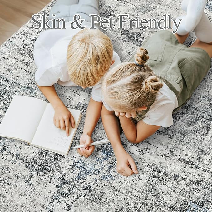 Abstract Rug 8x10 Large Living Room Rugs Neutral Modern Washable Area Rugs for Bedroom Dining Room Non-Slip Stain Resistant Foldable Thin Rug Gray Blue