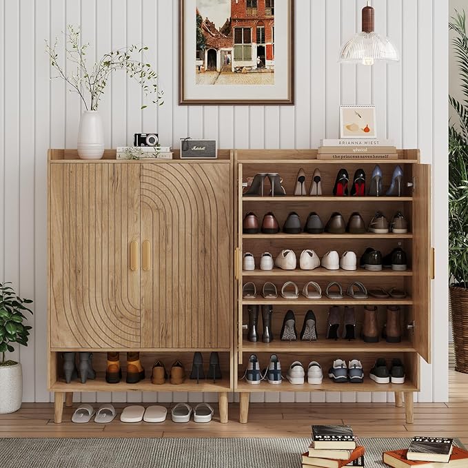 Smuxee Oak Shoe Cabinet with Line Groove Design, 6-Tier Shoe Storage Cabinet with Adjustable Shelves, Freestanding Shoe Organizer Cabinet for Entryway, Hallway, Closet, Living Room