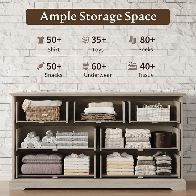 Farmhouse 7 Drawers Dresser for Bedroom, 57" Wide Modern Chest of Drawers with Deep Drawers & Bar Handles, Rustic Wood Dresser TV Stand, Wooden Closet Storage Organizer for Living Room, Hallway, Grey