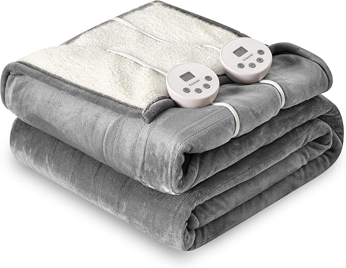 Heat Blanket 84”x90” Queen Size-Dual Control，Soft Flannel & Sherpa Electric Blanket with 10 Heat Settings,12 Timer Setting and 8 Hours Auto-Off,ETL Certified Machine Washable,Light Grey