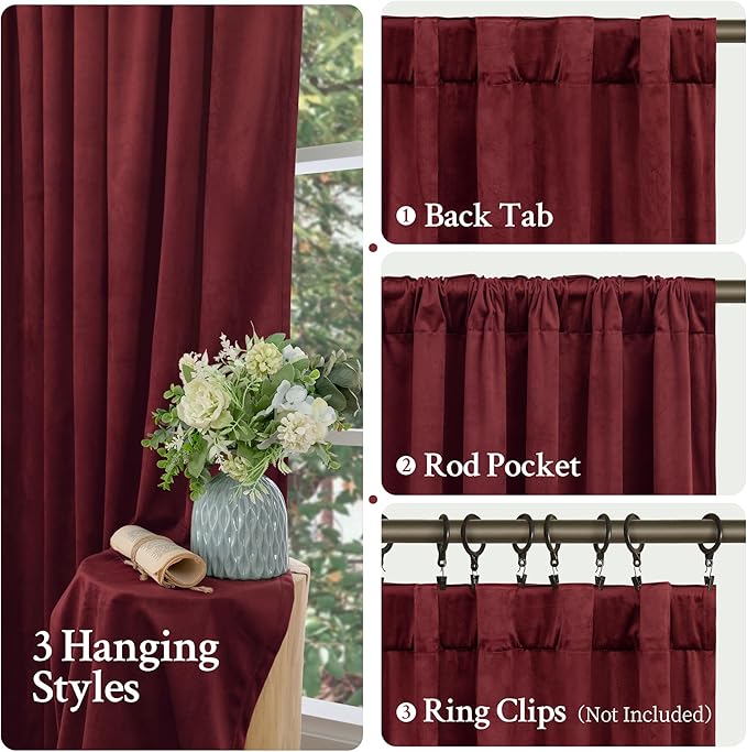 LAMIT Burgundy Red Velvet Curtains 120 Inch for Living Room, Vintage Thermal Blackout Panels Room Darkening Back Tab and Rod Pocket Christmas Decor Drapes for Bedroom/Theater, 2 Panels, 52 x 120 Inch