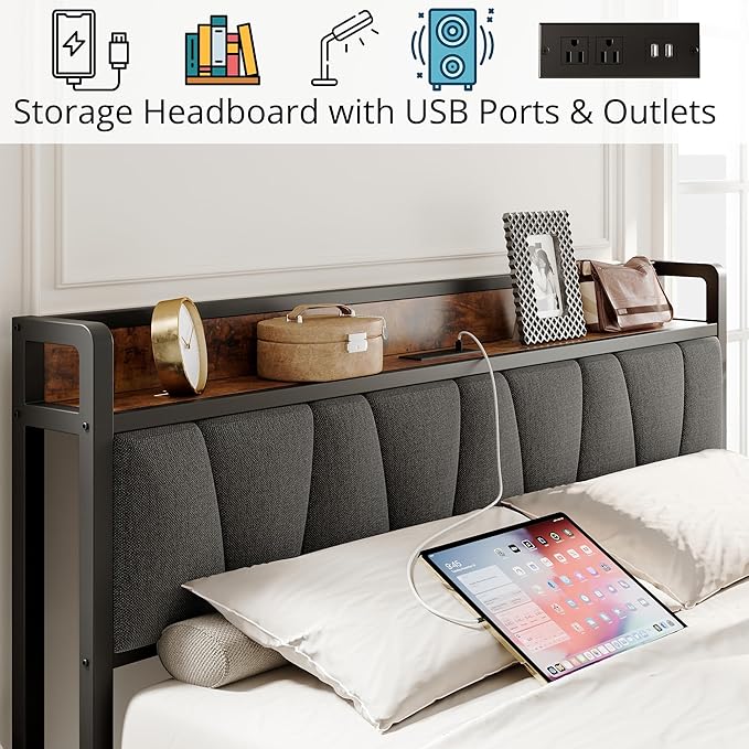 LIKIMIO King Size Bed Frame, Storage Headboard with Charging Station, Solid and Stable, Noise Free, No Box Spring Needed, Easy Assembly