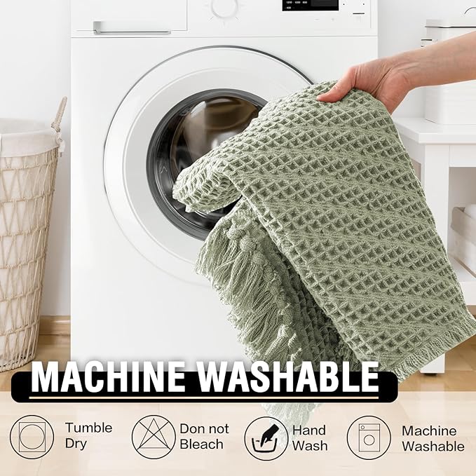 H.VERSAILTEX Waffle Bath Mat Super Absorbent Boho Bath Mat Non Slip Bath Rugs for Bathroom Floor Machine Washable Dry Fast Bathroom Rugs with Handmade Tassels, 20" x 32", Sage