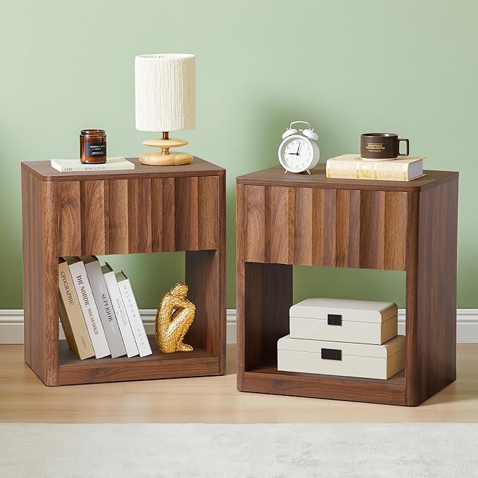 Fluted Dresser, Small Nightstands Set of 2, Walnut Bedside Table with Drawer and Storage, Mid Century Modern Side Table for Bedroom Sofa
