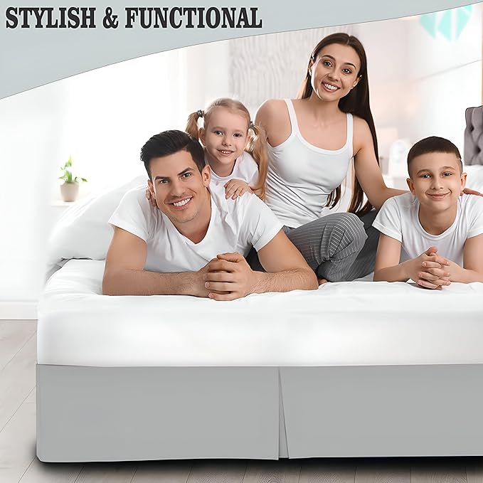 Pleated Bed Skirt King Size, 14" Drop with Platform Design for Secure Fit, Split Corners, Wrinkle-Resistant Microfiber for Modern Stylish Look, Tailored Bedding for Hotel Luxury - Light Grey