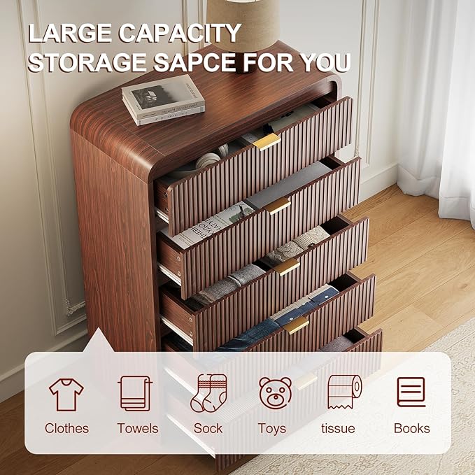 FURSUN Fluted 5 Drawers Dresser for Bedroom, 48" Tall Wooden Modern Dresser with Metal Handle, Curved Profile Design, Storage Organizer for Bedroom, Living Room, Hallway, Dark Walnut