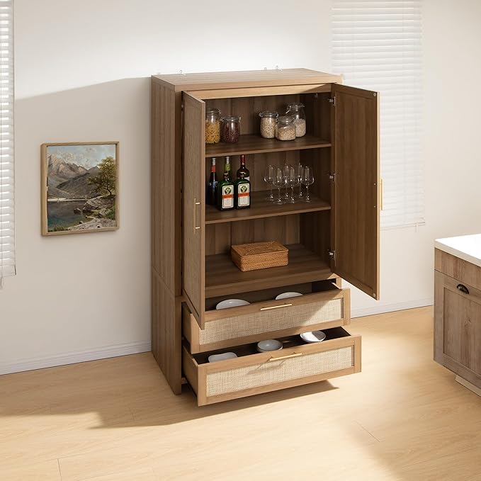 SICOTAS Armoire Wardrobe Closet, Larger Rattan Armoires Wardrobe Cabinet with 2 Larger Drawers and Hanging Rod, Tall Closet Storage Cabinet for Cloak Room, Laundry Room, Bedroom, Oak (3 Pieces)