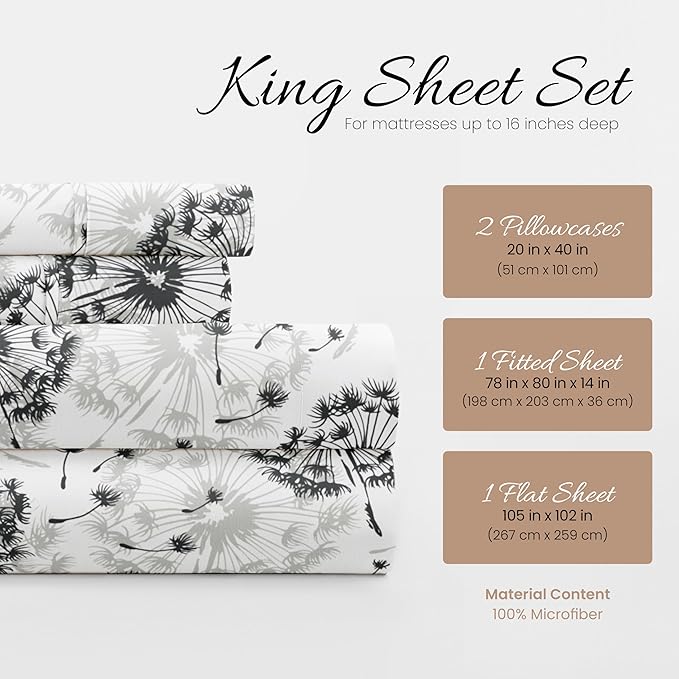 Linen Market 4 Piece King Sheet Set - Breathable, Double-Brushed Patterned Cooling Sheets – Oeko-TEX Certified Ultra Soft & Wrinkle-Free 16" Deep-Pocket King Sheets - Easy Care Make a Wish Light Gray