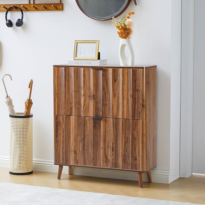 31.5” Fluted Shoe Cabinet Storage with 2 Flip Drawers,Narrow Freestanding Shoe Storage Organizer,Slim Shoe Rack Cabinet for Entryway,Hallway (Walnut)