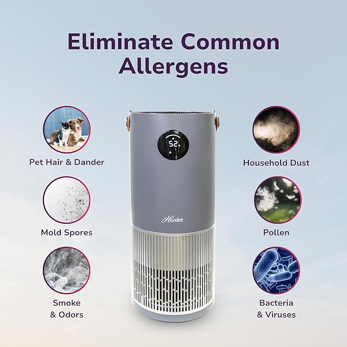 Hunter Fan Company Humidifier and Air Purifier In One, Advanced Filtration Air Purifiers for Home, Air Purifiers for Home Pets, Humidifiers for Bedroom and Humidifiers for Bedroom Baby, Grey/Silver