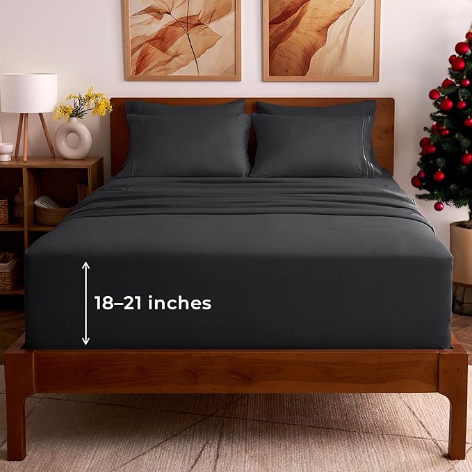 Mellanni Full Sheet Set - 6-Piece Iconic Collection Bedding, (Including 4 Pillowcases), 21-Inch Extra Deep Pocket, Easy Care, Ultra Soft, Cooling Sheets, Brushed Microfiber - Black