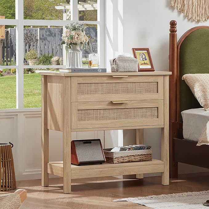 LEYAOYAO 31.5" Wide Rattan Night Stands Set 2, Oversized Large Boho Nightstand with 2 Drawer, Natural Wood Bed Side End Tables with Storage Shelf, Tall Bedside Table for Bedroom Living Room, Hallway