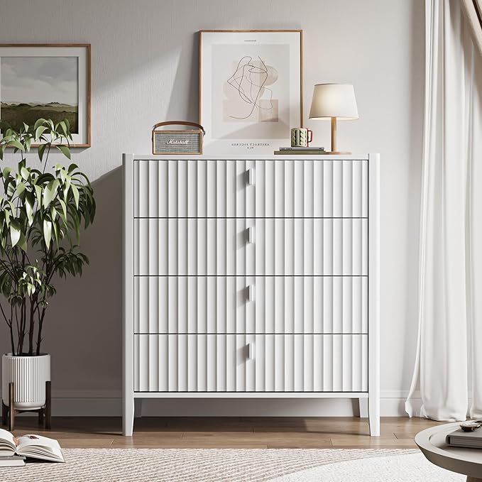 4 Drawer Dresser, Modern Chest of Drawers for Bedroom, Wood Fluted Dresser Organizer with Deep Drawers for Clothes, Nightstand for Bedroom, Hallway, Living Room, Entryway, White