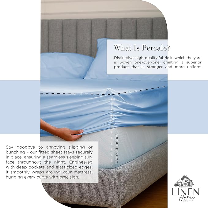 Linen Home 100% Cotton Percale Sheets Twin XL Size, Baby Blue, Deep Pocket, 3 Pieces Set - 1 Flat, 1 Deep Pocket Fitted Sheet and 1 Pillowcase, Crisp Cool and Strong Bed Linen