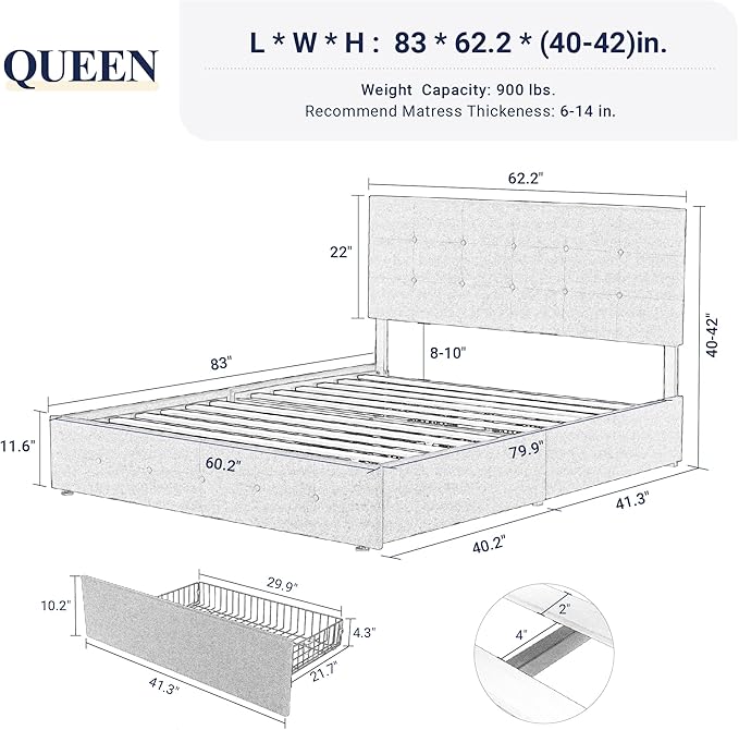 Allewie Upholstered Queen Size Platform Bed Frame with 4 Storage Drawers and Headboard, Square Stitched Button Tufted, Mattress Foundation with Wooden Slats Support, No Box Spring Needed, Dark Grey
