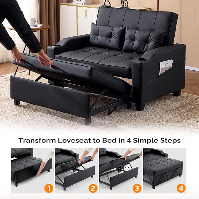 VINGLI Convertible Loveseat Sleeper, Black Faux Leather Futon Sofa Bed Pullout Couch Bed with USB Ports, Cup Holders, Armrest for Living Room, Bedroom, Home Office Apartment