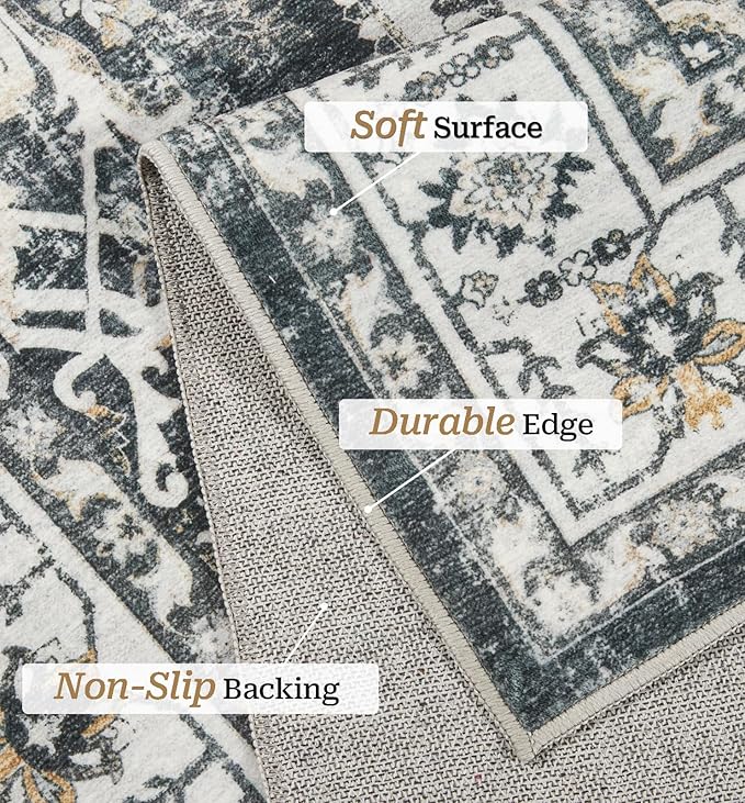 zesthome Washable Rug 6x9 Area Rugs,Stain Resistant Rugs for Living Room,Bedroom,Non-Slip Backing Home Decor Rug, Vintage Medallion Pattern Rugs (Black,6'x9')