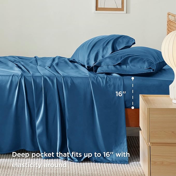 Bedsure Cooling Sheets Twin, Rayon Derived from Bamboo, Breathable & Soft Twin Sheets Set, Deep Pocket Up to 16 Inches, Hotel Luxury Silky Bedding for Hot Sleepers, Peacock Blue