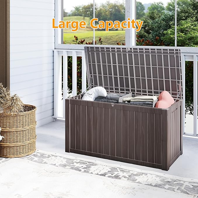 180 Gallon Outdoor Storage Box Waterproof, Resin Deck Boxes with Lockable Lid & UV-Resistant for Patio, Pool, Garden Furniture Cushions & Accessories, Coffee