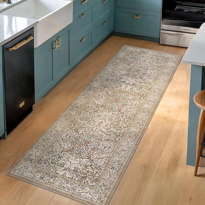 Non Slip 2x6 Moss Green Bathroom Runner Rug - Small Runner Rugs, Washable Kitchen Floor Mat, Bedroom, Hallway Runner - Vintage Oriental Taupe Brown Décor