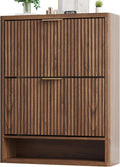 Fluted Shoe Cabinet Storage with 2 Flip Drawers, Narrow Shoe Storage Organizer for Entryway, Hidden Slim Wooden Shoe Rack Cabinet for Front Door Entrance, Hallway, Living Room (2-Drawer, Walnut)