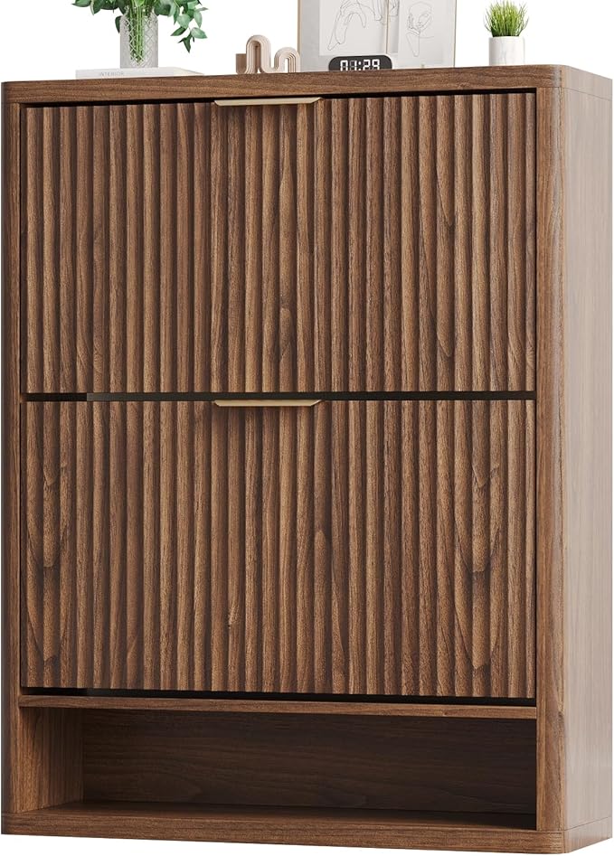 Fluted Shoe Cabinet Storage with 2 Flip Drawers, Narrow Shoe Storage Organizer for Entryway, Hidden Slim Wooden Shoe Rack Cabinet for Front Door Entrance, Hallway, Living Room (2-Drawer, Walnut)