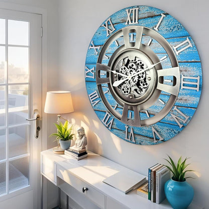The Gears Clock Real Moving Gear Wall Clock England Line (Ocean Blue, 24 inches (60 cm))