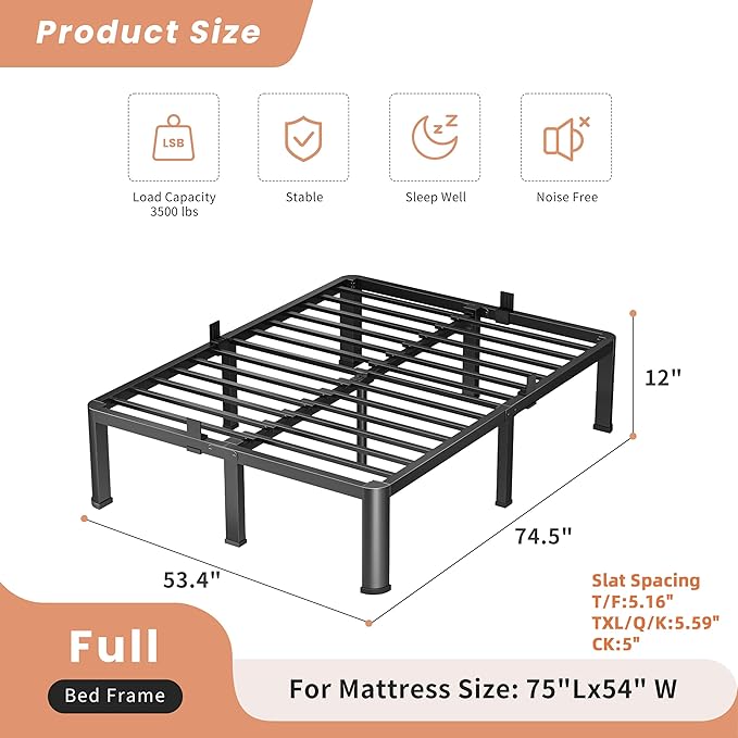 12 Inch Full Heavy Duty 3500 lbs Bed Frame with Round-Corner Legs & Anti-Squeak Design – Quick Assembly Metal Platform, No Box Spring Needed