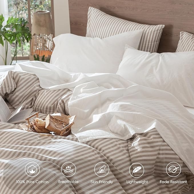 MooMee Bedding Sheet Set 100% Washed Cotton Linen Like Textured Breathable Durable Soft Comfy (Solid Off White, Twin)