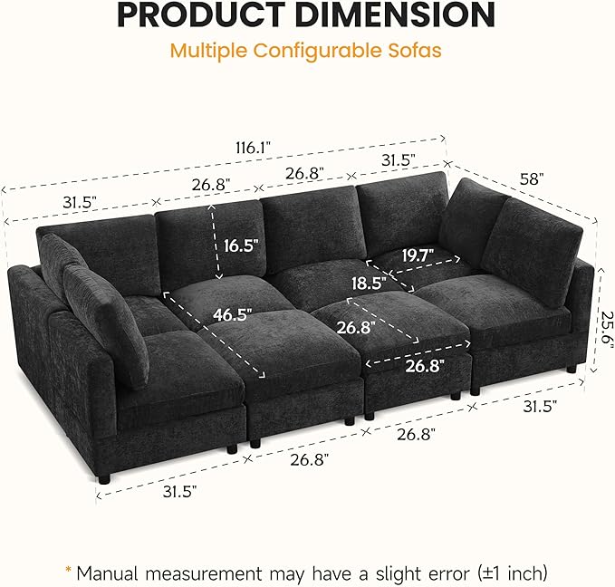 116'' Modular Sectional Cloud Sofa Bed, 8-Seater Convertible Sofa Couch with Ottoman, Modern Deep Seat Sleeper Sofa for Living Room, Chenille Dark Grey