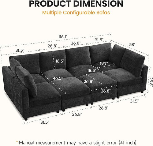 116'' Modular Sectional Cloud Sofa Bed, 8-Seater Convertible Sofa Couch with Ottoman, Modern Deep Seat Sleeper Sofa for Living Room, Chenille Dark Grey