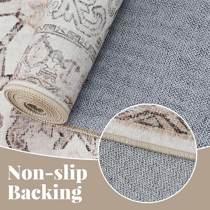 jinchan 8x10 Machine Washable Area Rugs for Living Room - Vintage Floral Stain Resistant Low Pile Ultra-Thin Non Slip Accent Rug for Bedroom Kitchen Dining Room Home Office (8x10ft,Taupe)
