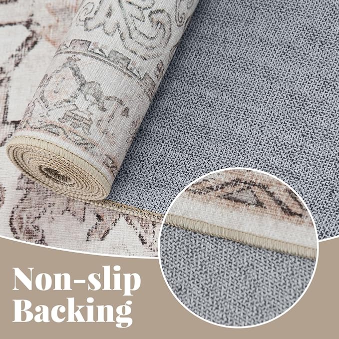 jinchan Lima Round Rug 8ft Vintage Machine Washable Area Rug Indoor Circle 8' Ultra-Thin Non-Slip Floral Print Carpet for Farmhouse Entryway Dining Room Living Room Bedroom Office (8'Round, Taupe)