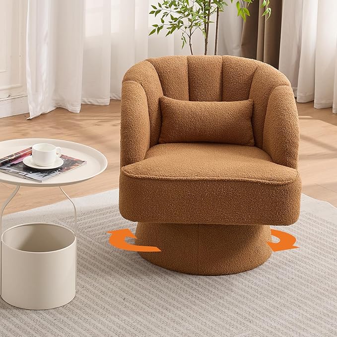 GarveeHome Modern Swivel Barrel Accent Chair, 360° Teddy Fabric Upholstered Armchair with Striped Backrest & Plush Padding, Comfy Round Lounge Chair for Living Room, Bedroom, Reading Nook, Brown 2 PCS