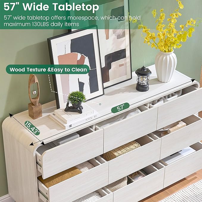 White Dressers of 9 Drawers, Chest Dresser with Deep Drawers, Modern Dresser Closet for Bedroom, Curved Drawer with Large Storage, 57’’ Wide.