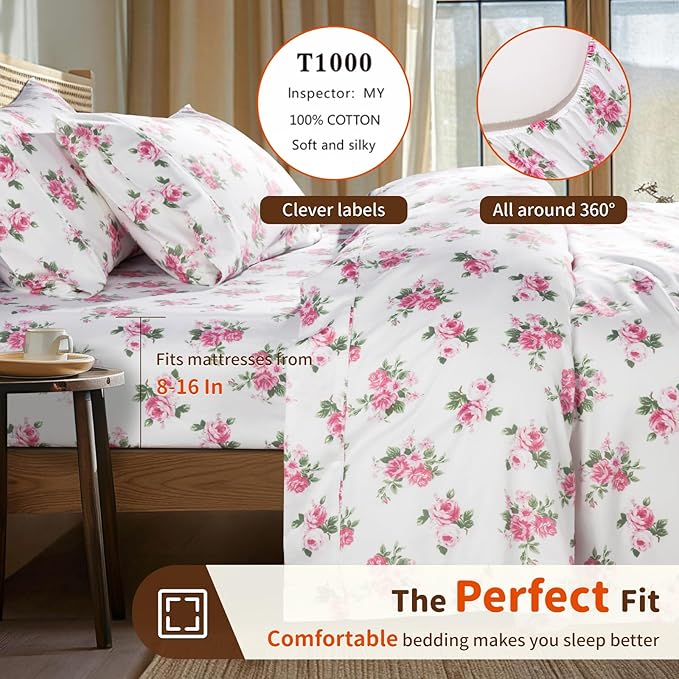 LBRO2M 1000 Thread Count Sheets 100% Egyptian Cotton Bedding Set Floral King Size 16 Inches Deep Pocket Bedding 4 Piece Sets (King, Peony)