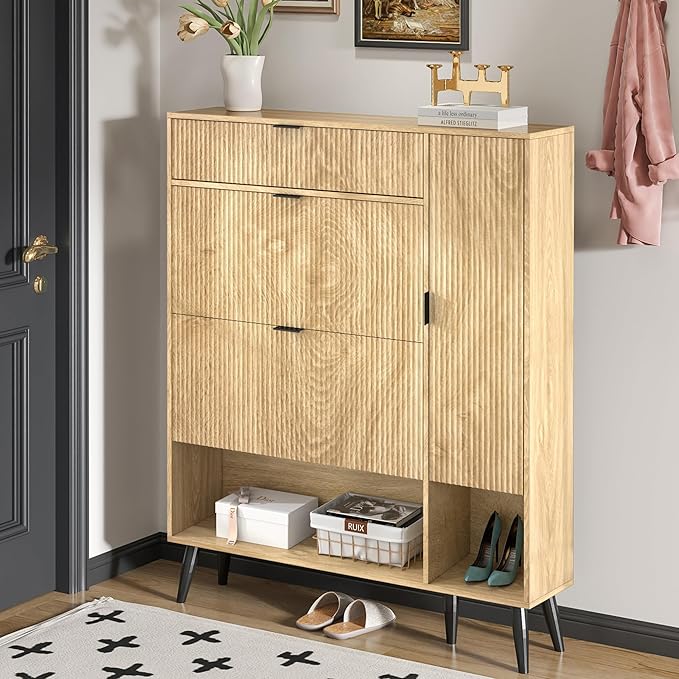 Shoe Storage Cabinet with 2 Flip Drawers, Narrow Shoe Cabinet for Entryway, Freestanding Slim Hidden Shoe Organizer Cabinet with Doors, Adjustable Shelf, Open Storage Space (Wood)