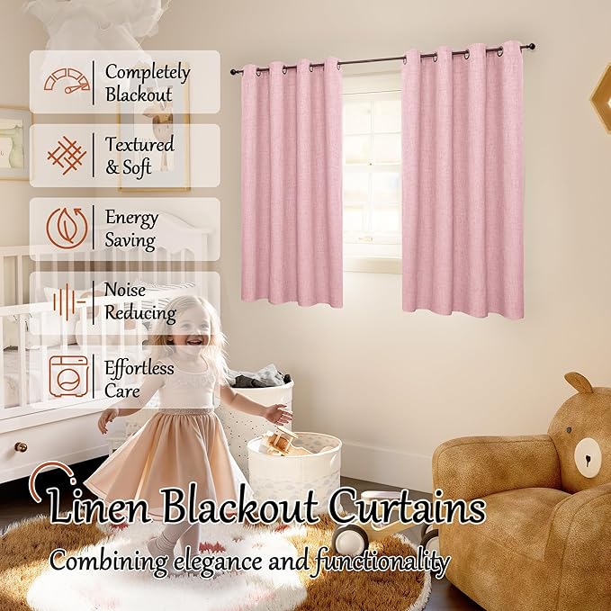 Baby Pink Linen Blackout Curtains for Nursery 45 Inch Length 2 Panels Set, Thermal Insulated Boho Total Black Out Noise Reducing Bonzer Grommets Window Curtains for Girls Bedroom, Each 52 Inch Wide