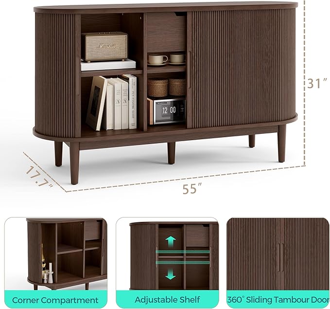 LINSY HOME Sideboard Buffet Cabinet with Storage, 55" Fluted Coffee Bar Cabinet with Tambour Sliding Doors and Drawer, Mid Century Modern Wood Storage Buffet Table for Kitchen, Living Room, Walnut | with Storage, Fluted, Coffee Bar Cabinet, Drawer, Mid...