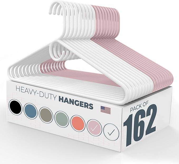 Neaties Heavy Duty Clothes Hangers 100+ Pack (162 Count) – Made in The USA – 8lb Capacity Plastic Hangers for Adult Clothing – Durable for Pants, Coats, Jackets, or Jeans – White & Pink