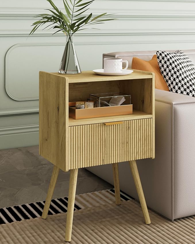 Nightstand,Modern Bedside Table with Storage Drawer and Open Wood Shelf, Accent Night Stand with Solid Wood Legs for Living Room, Bedroom and Small Spaces,Easy Assembly (Yellow Oak)