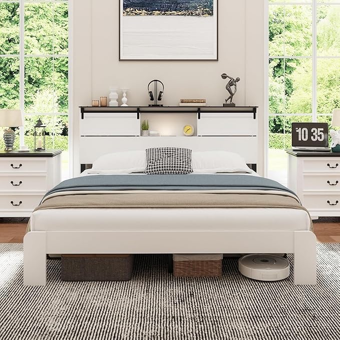 King Wood Bed Frame, Sliding Barn Door Storage Headboard with LED Lights and Charging Station, Farmhouse Wood Platform Bed with Metal Slat Supports, No Box Spring Required, Noiseless, White