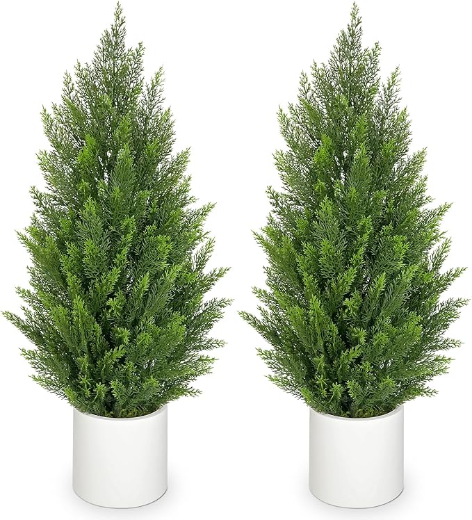 Briful 2PCS 3ft Artificial Cedar Topiary Trees in White Planter – Compact Faux Evergreen Potted Plants with Dense Realistic Layered Leaves, Lifelike Fake Trees for Home, Office, Patio, Porch
