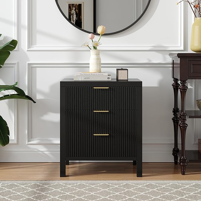 End Table with Storage, Wooden Farmhouse Nightstands with 3 Drawers, Bedside Table - Boho Tall Side Table Accent for Bedroom, Living Room, Black