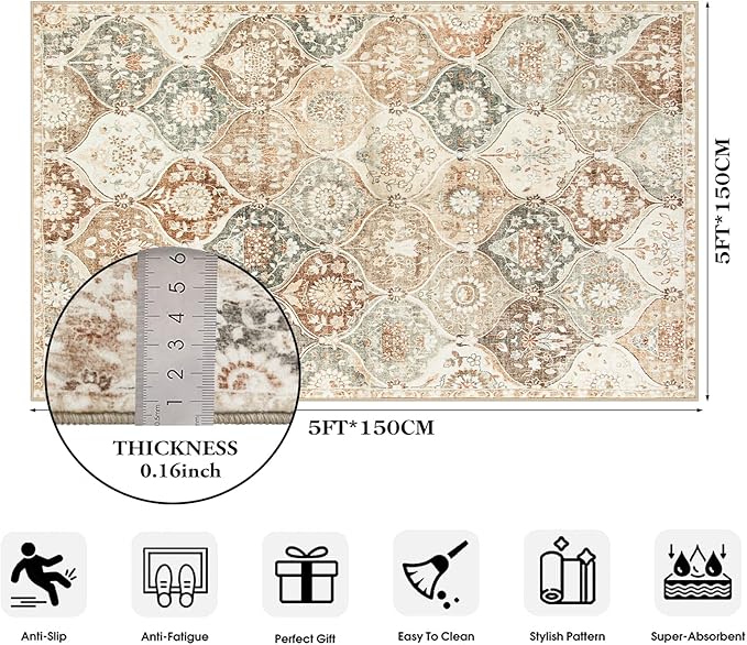 Lahome Moroccan Trellis Washable Small Area Rug, 3x5 Black Rug for Bedroom Living Room, Non-Slip Oriental Accent Throw Carpet for Kitchen Office Entryway Bathroom Office, Khaki