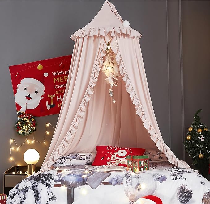 VETHIN Bed Canopy for Girls,Princess Round Dome Dreamy Mosquito Net Bedding Girls Room Castle Play Tent Hanging House Decor Reading Nook Canopies (Beige Pink)