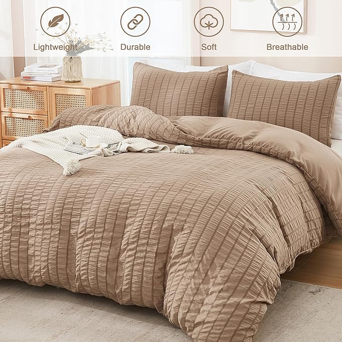 AveLom Seersucker Duvet Cover Set Queen Size (90 x 90 inches), 3 Pieces (1 Duvet Cover, 2 Pillow Cases), Taupe Ultra Soft Washed Microfiber, Textured Duvet Cover with Zipper Closure, Corner Ties